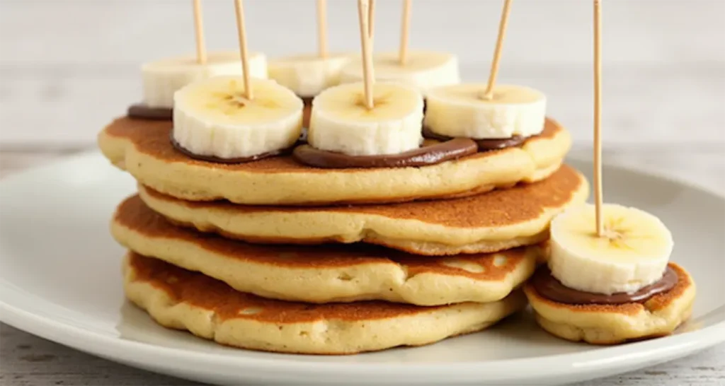 Mini pancake stacks with Nutella and banana slices, skewered for easy snacking.