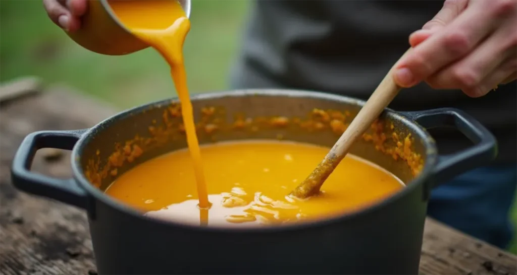 Camper mixing chicken curry ingredients with a long-handled spoon in a pot.