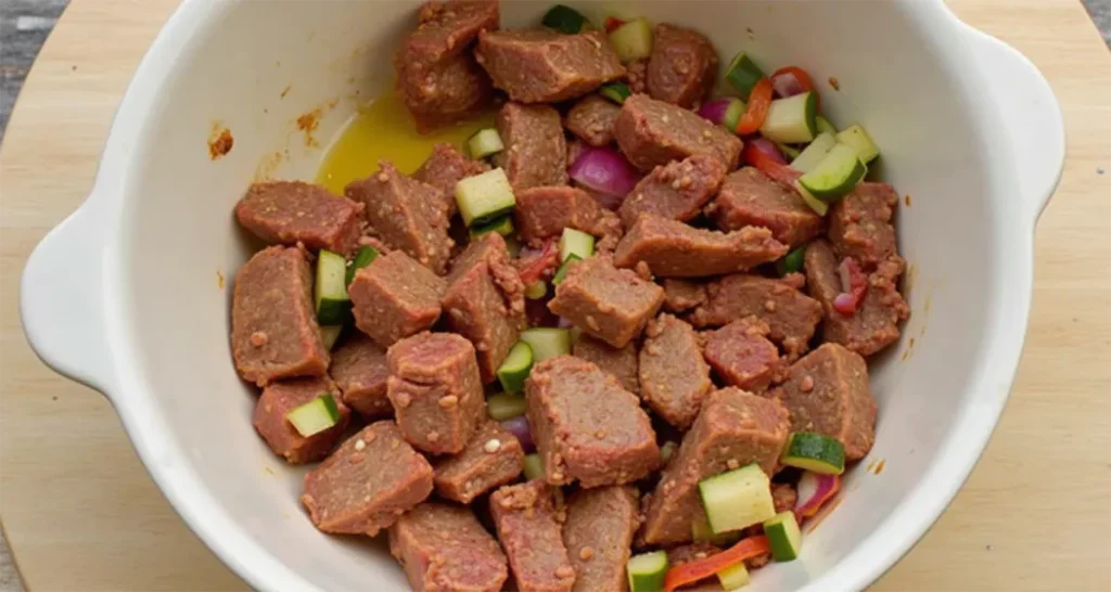 Mixing steak and vegetables with olive oil and seasonings in a bowl.