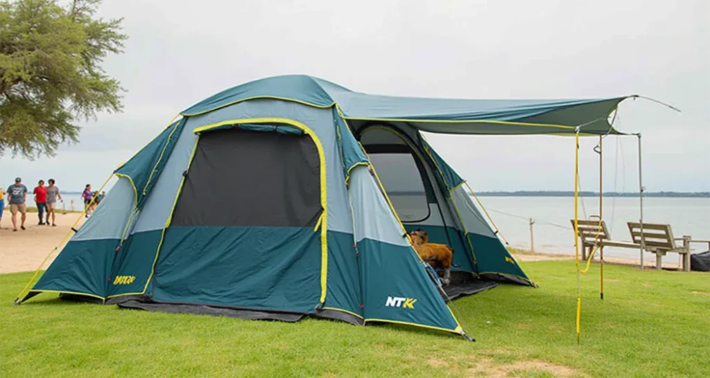 NTK Super Arizona GT 12-Person Tent with double-layer polyester, mesh screens, and anti-fungal floor material for humid conditions.