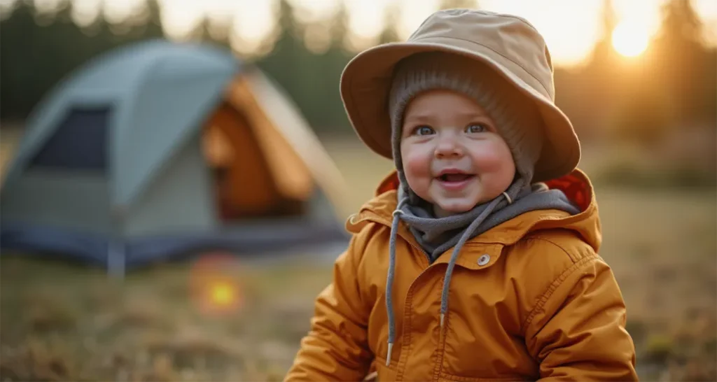 Baby dressed in layers with a sun hat at a campsite.