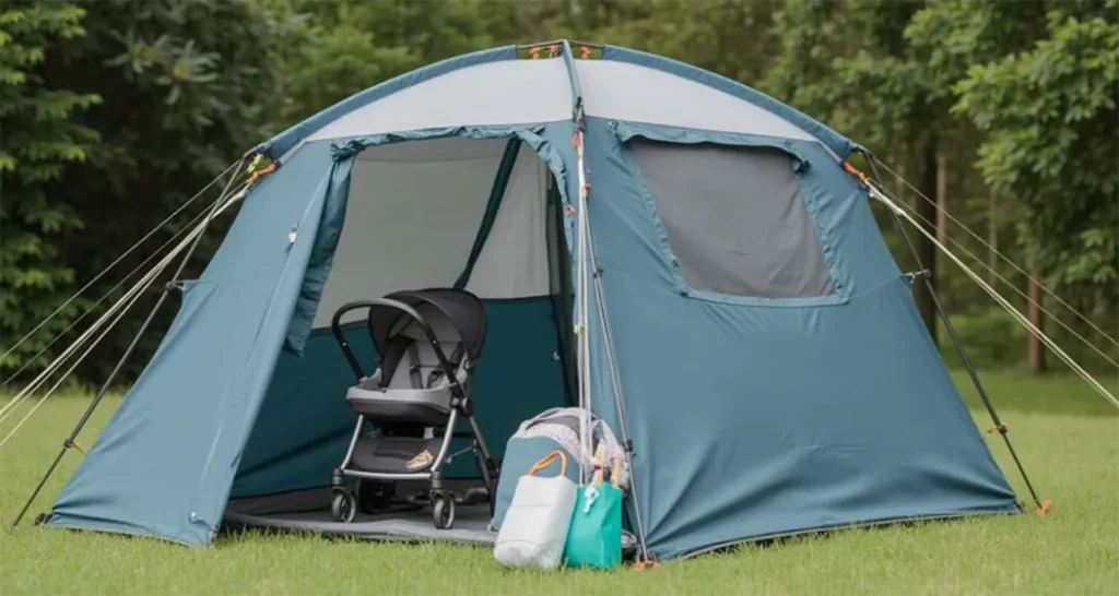 Waterproof tent with rain gear and baby supplies during a camping trip.