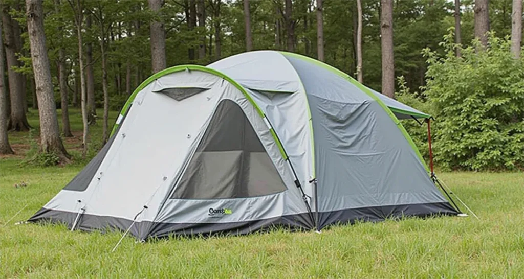 Ozark Trail 20-Person Tent with three-room layout, 12 windows, and spacious interiors set up for large group camping.