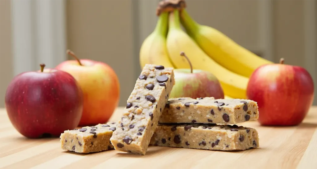 Energy bars paired with fresh fruits like apples and bananas for a nutritious snack.