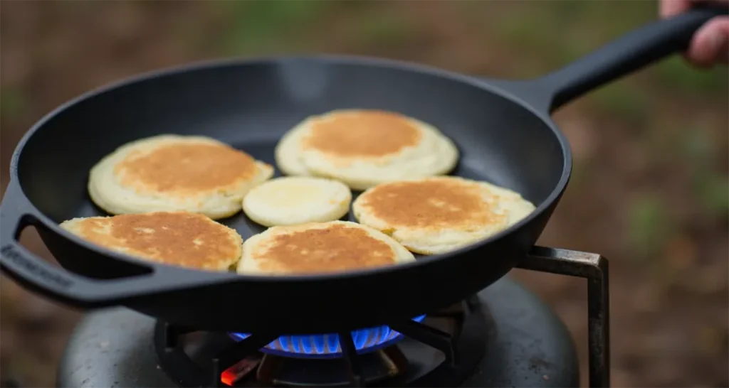 Car Camping Meals : Pancakes cooking on a portable camping stove.