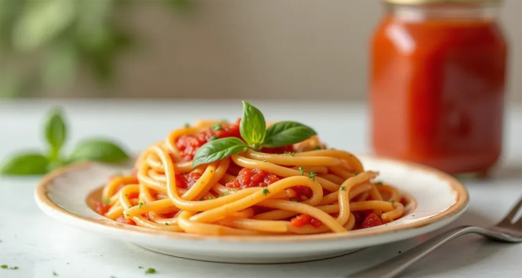 Plate of pasta topped with marinara sauce, served with Parmesan cheese and red pepper flakes.