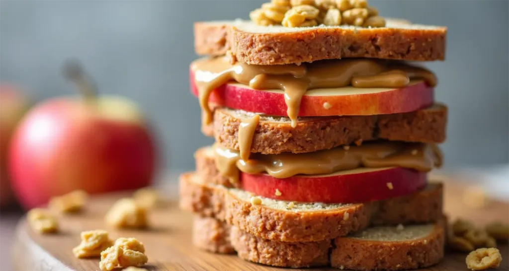 Peanut butter apple sandwiches layered with granola and raisins, topped with a drizzle of honey.