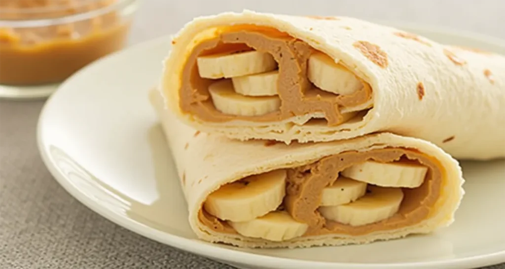 Peanut butter and banana wrap sliced into portions and served on a plate.