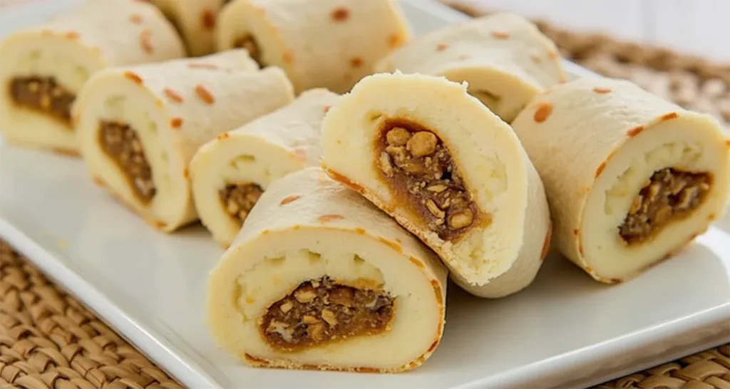 Peanut butter banana wrap with granola and honey, rolled and sliced into pinwheels.