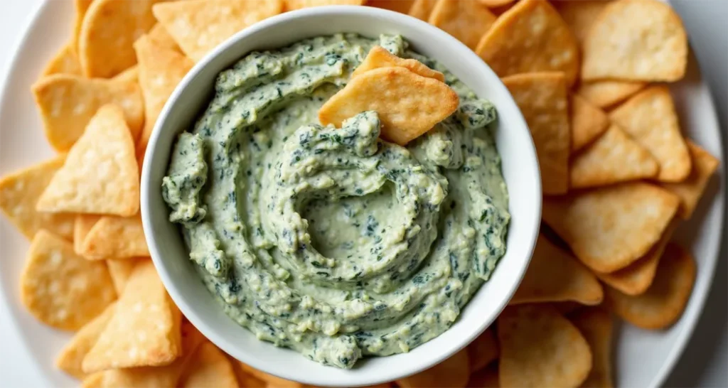 Homemade pita chips served with a bowl of creamy spinach dip, garnished with Parmesan cheese.