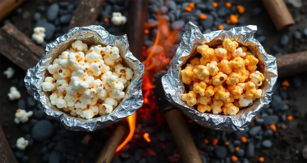 Campfire popcorn popping in a foil packet with seasoning options like chili lime and cinnamon sugar.