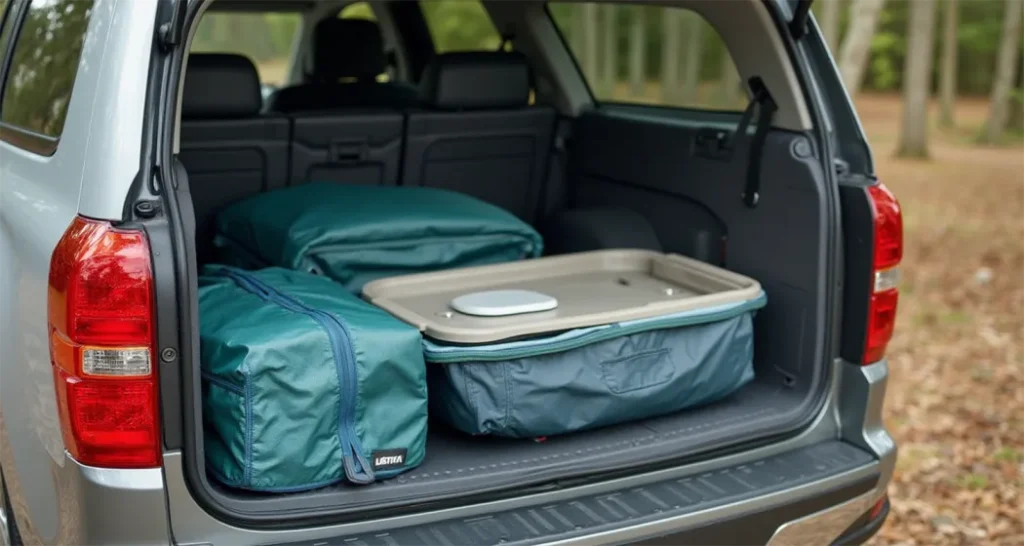 Foldable portable sink fitting compactly in a camping bag.