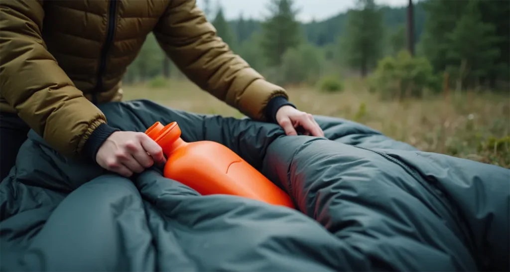 Camper placing a hot water bottle inside a sleeping bag for added warmth.