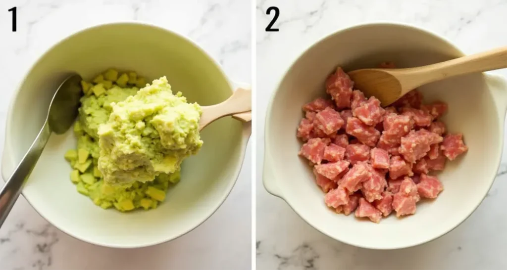 Scooping ripe avocado flesh into a bowl as part of meal prep.