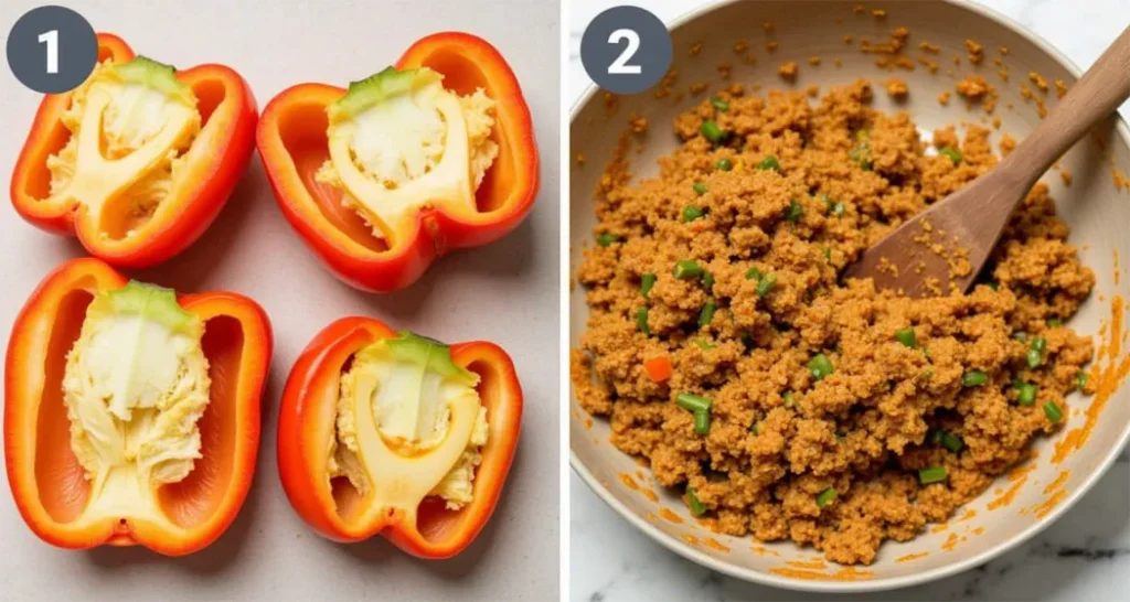 A photo of the hollowed-out peppers next to the filling mixture.