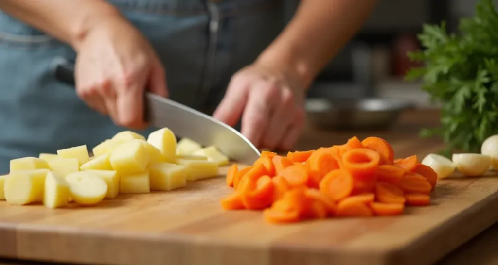 Hands chopping carrots and potatoes on a wooden cutting board for Dutch Oven Beef Stew