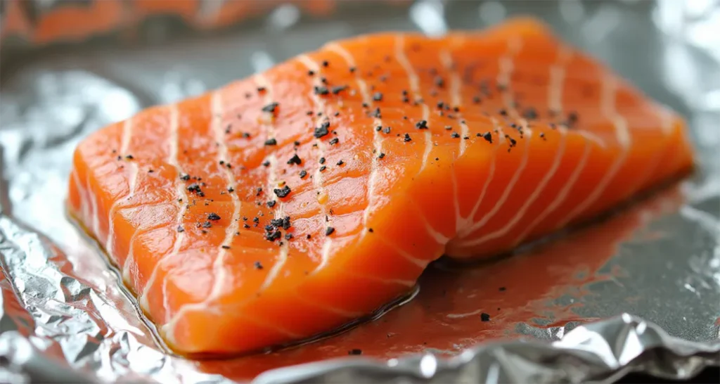 Salmon fillet placed on a foil sheet.