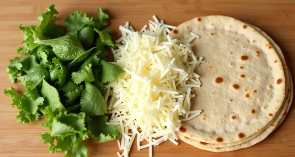 Chopped romaine lettuce, grated Parmesan cheese, and warm tortillas ready for Chicken Caesar Wraps.