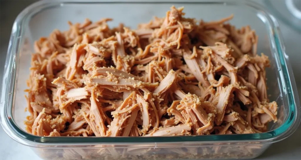 Prepared pulled pork stored in a container for camping.