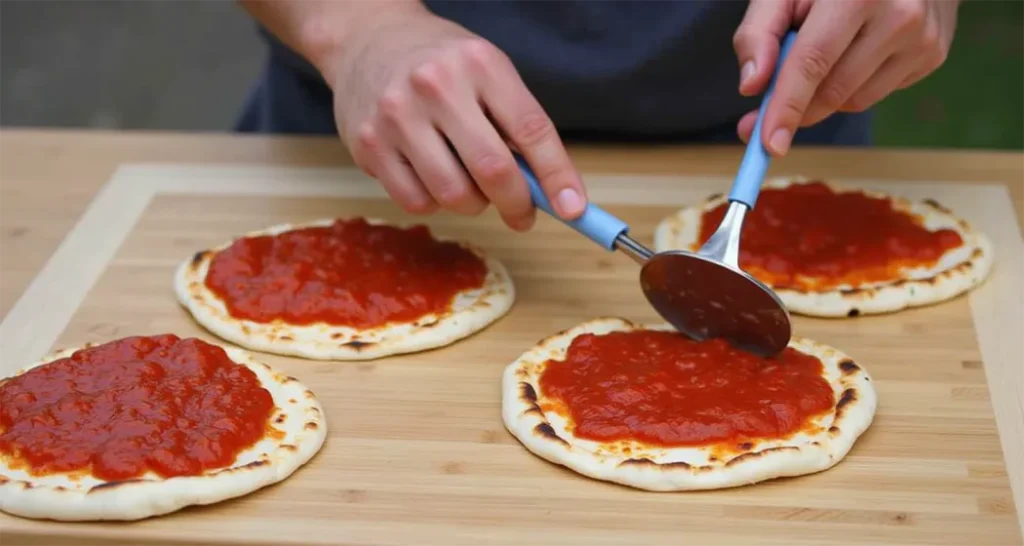 Spreading marinara sauce on pita bread for campfire pizzas