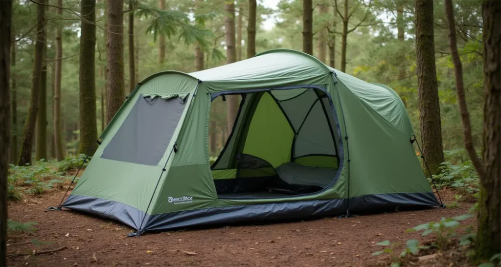 Quechua Air Seconds 4.2 inflatable tent with open windows in a sunny meadow