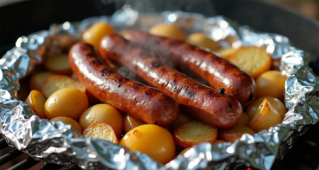 Foil-wrapped sausage and potatoes grilled over a campfire.