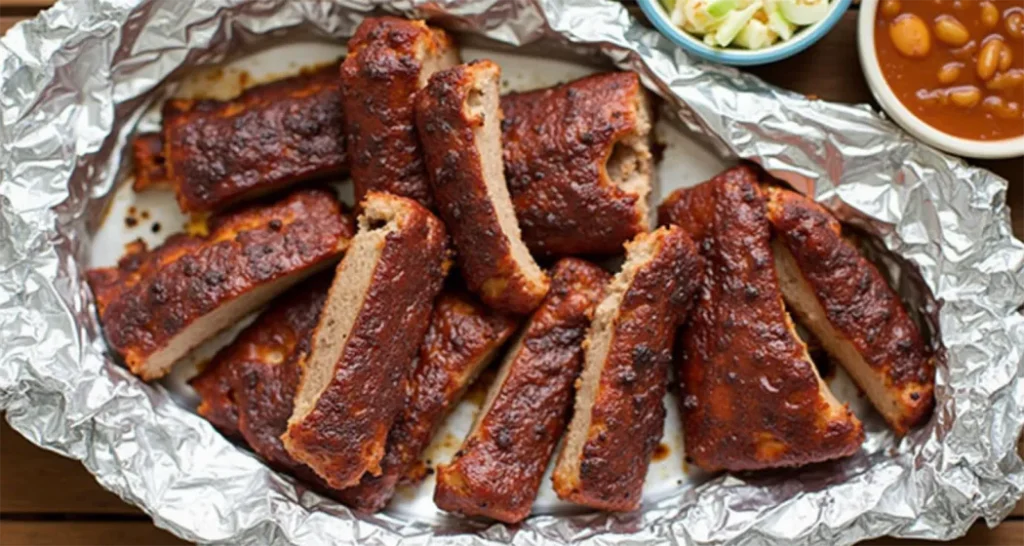 Perfectly sliced BBQ ribs served with baked beans, coleslaw, and cornbread.