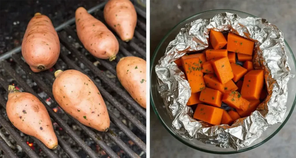 Sweet potatoes roasting in foil over a campfire grill.