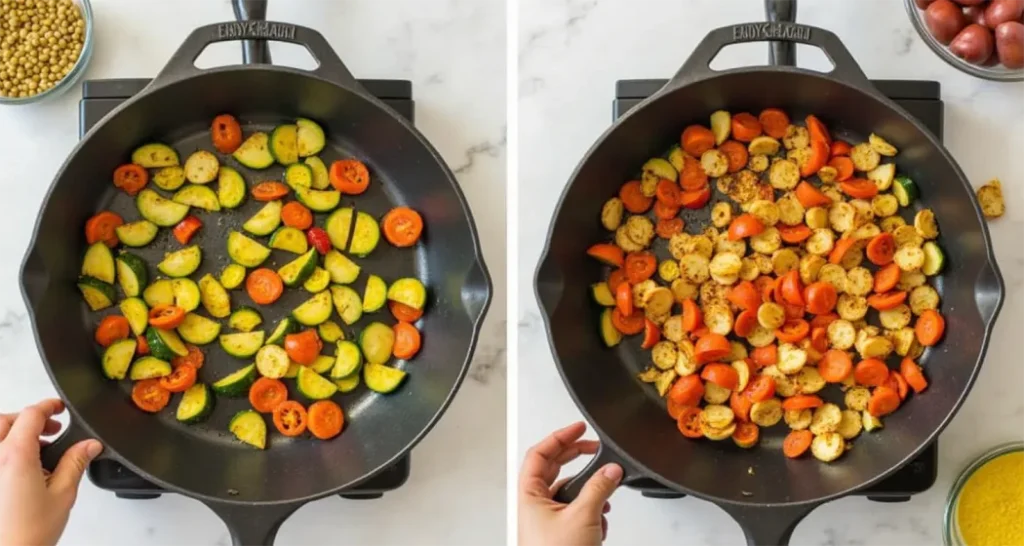 veggies roasting in a skillet