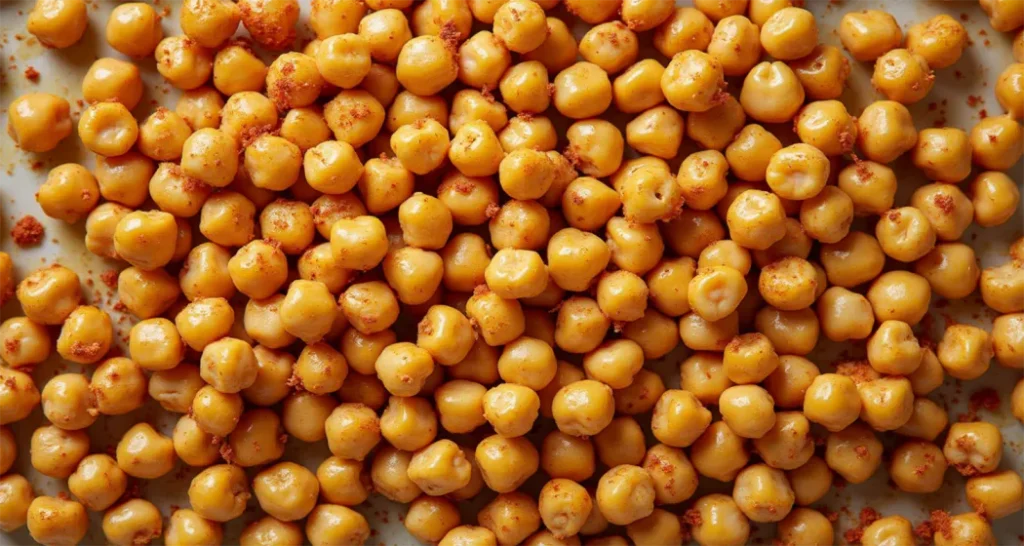 Raw canned chickpeas mixed with olive oil and spices like paprika and garlic powder, ready for roasting.