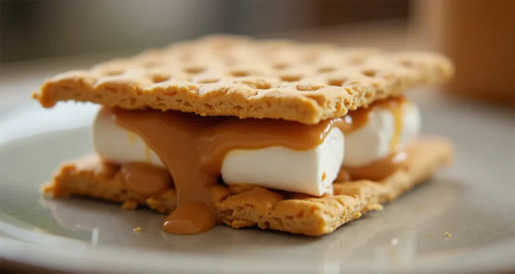 Roasted marshmallow peanut butter sandwich with graham crackers, drizzled with chocolate sauce.