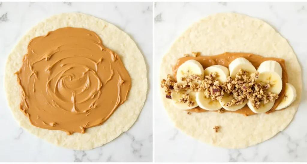 Peanut Butter and Banana Roll Ups :Rolling the tortilla tightly to make the roll-up