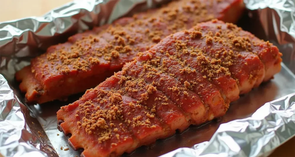 Pork ribs coated with a homemade dry rub, ready for wrapping.