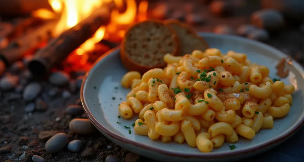 A serving of Dutch Oven Mac and Cheese with a campfire setting