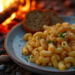 A serving of Dutch Oven Mac and Cheese with a campfire setting