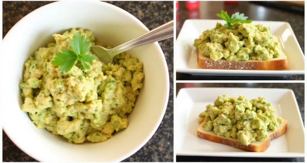 Canned Tuna and Avocado Salad served with tortilla chips, as a sandwich filling, and atop a baked potato.