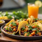 Sweet potato and black bean tacos served with grilled corn and limeade in an outdoor camping setup.