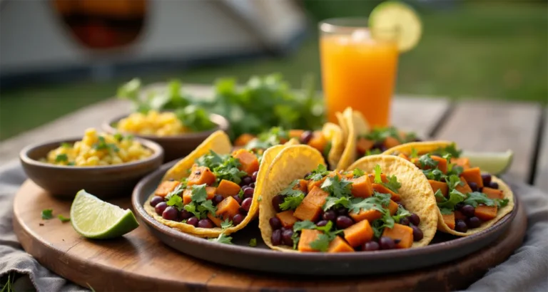 Sweet potato and black bean tacos served with grilled corn and limeade in an outdoor camping setup.