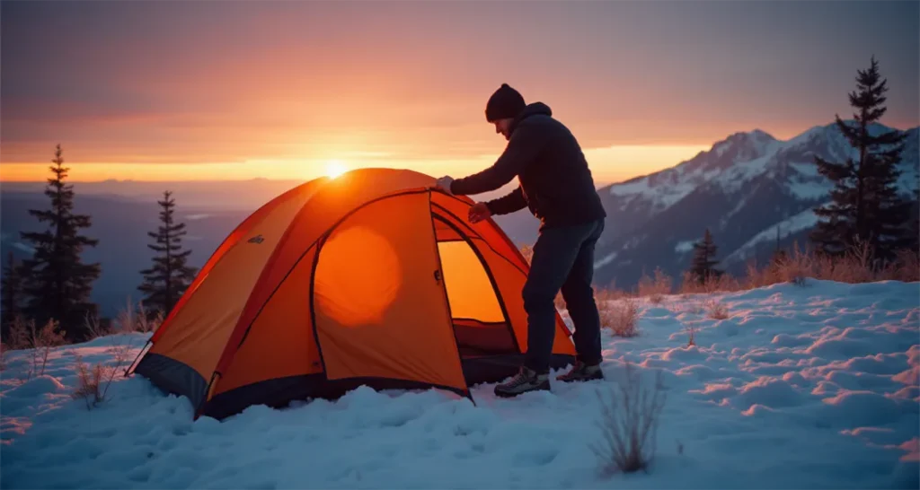 Setting up a winter camping tent before sunset to maximize daylight.