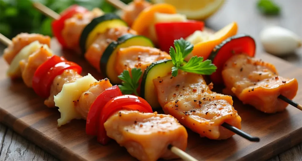 Skewers being assembled with chicken and vegetables.
