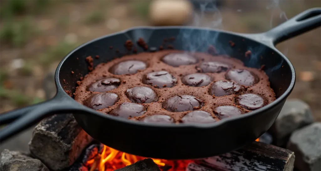 Campfire skillet brownies served with a spoon.