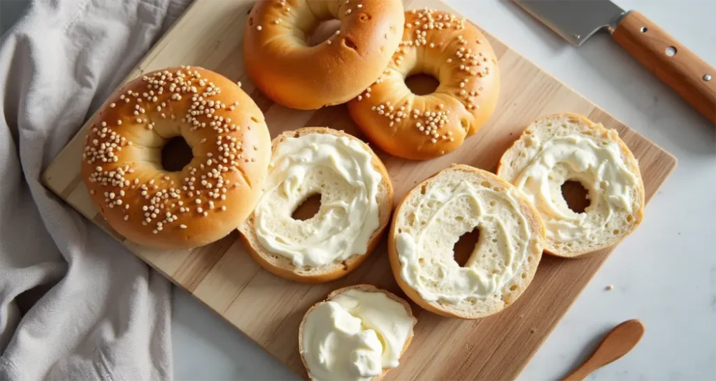 Sliced bagel halves ready for cream cheese