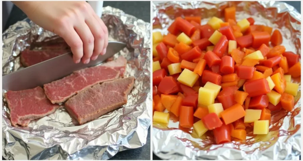 Slicing steak and bell peppers for Philly Cheesesteak Foil Packs.