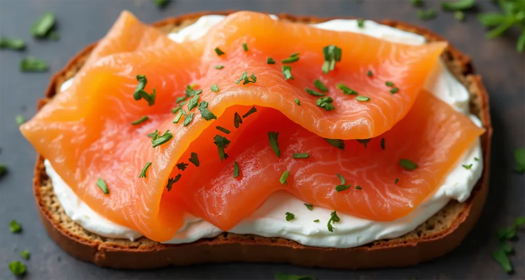 Smoked salmon layered on top of cream cheese