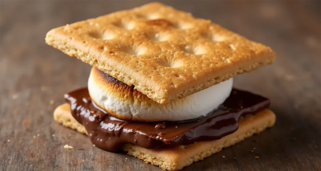 Feast Camp :Golden toasted marshmallow and chocolate being sandwiched between graham crackers by a campfire