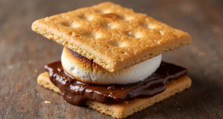 Feast Camp :Golden toasted marshmallow and chocolate being sandwiched between graham crackers by a campfire