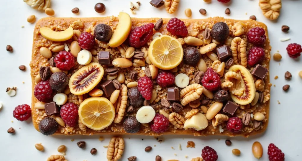 Camping Snacks :DIY trail mix bar with bowls of almonds, dried cranberries, chocolate chunks, and sunflower seeds