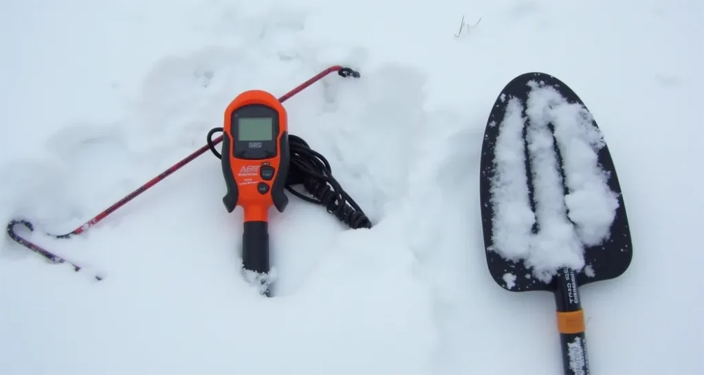 Avalanche safety gear including beacon, probe, and shovel.