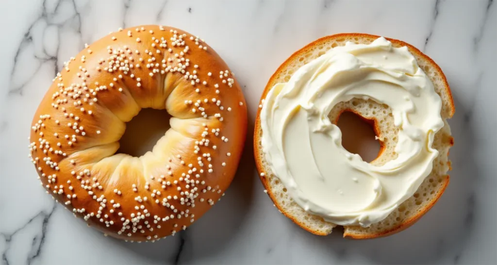 Cream cheese spread evenly on bagel halves