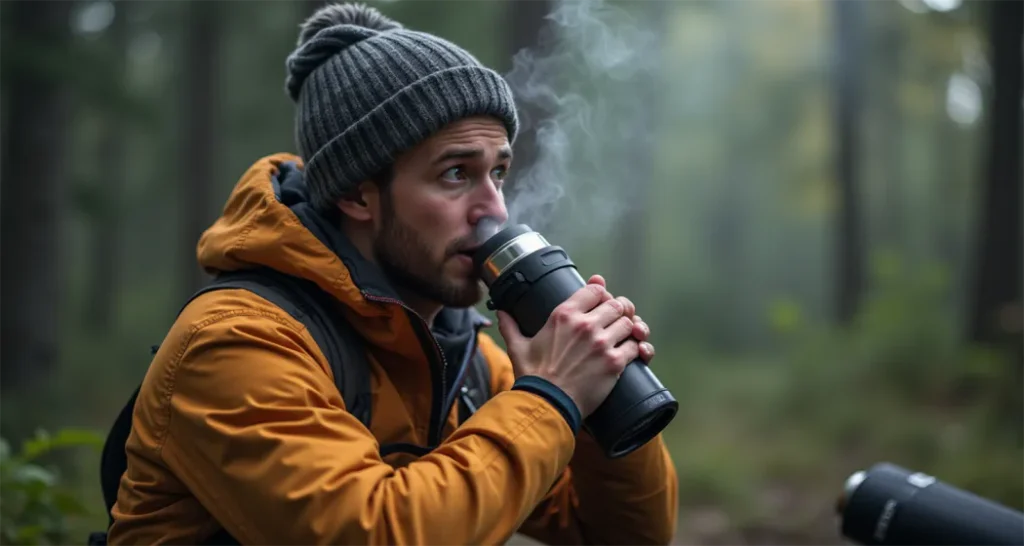 Camper drinking hot soup to stay hydrated and warm during winter camping.